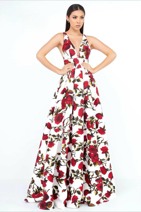 Ieena Duggal  - V Neck Gown Style 25399I in Floral and Print
