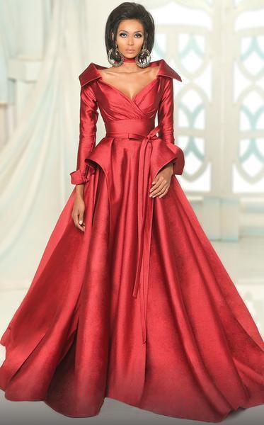 MNM COUTURE - 2539 V Neck Long Sleeves A-Line Gown In Red