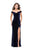 La Femme - 25400 Fold-Over Off Shoulder High Slit Velvet Gown In Blue