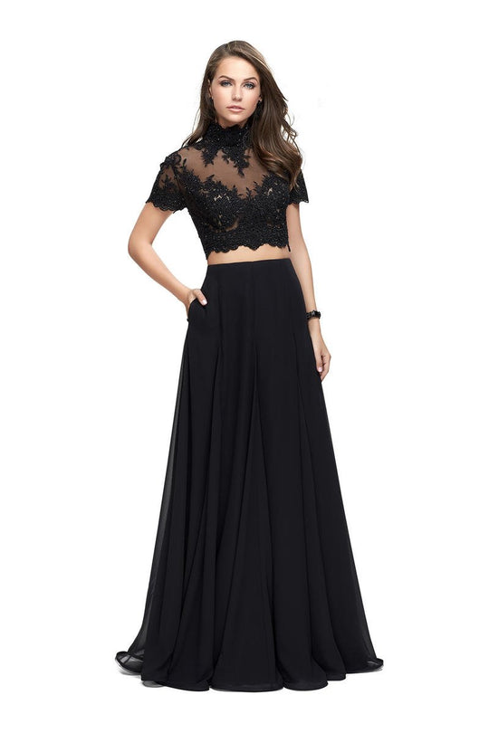 La Femme - 25401 Short Sleeve Illusion High Neck Two-Piece A-Line Gown In Black