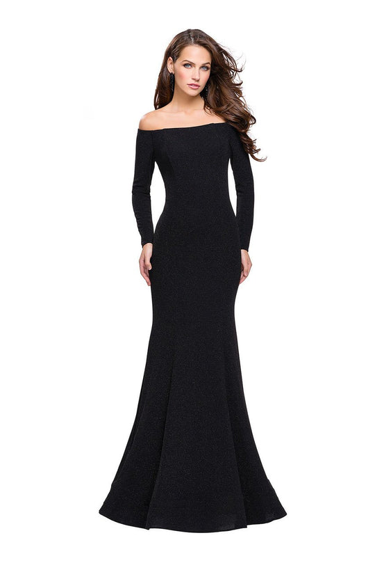 La Femme - 25412 Long Sleeve Off-Shoulder Jersey Dress In Black