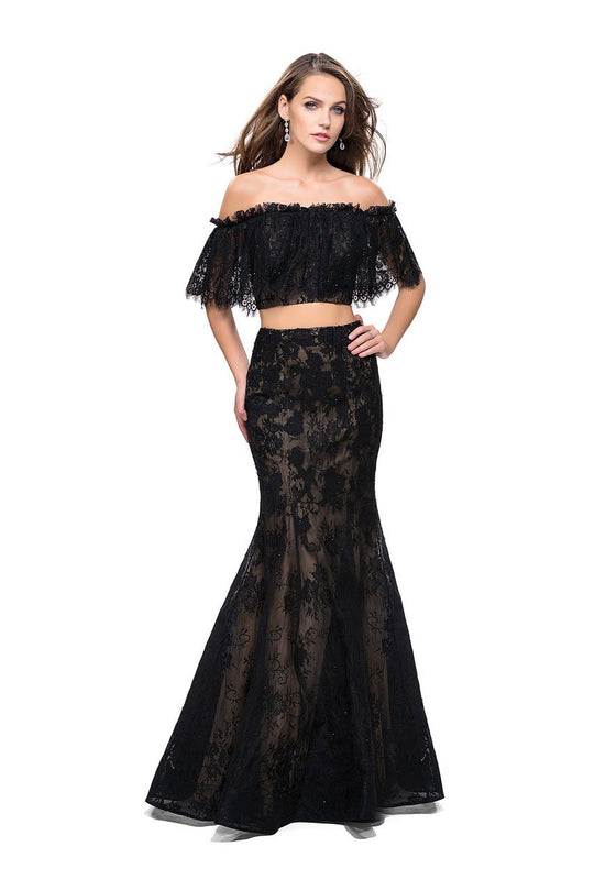 La Femme - 25417 Two Piece Ruffled Off-Shoulder Lace Mermaid Dress In Black