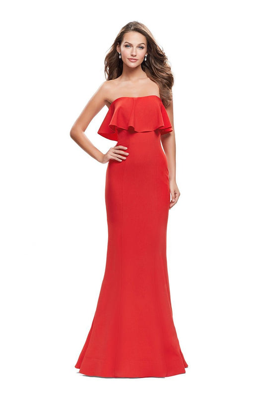 La Femme - Strapless Ruffle Paneled Off Shoulder Mermaid Gown 25419 In Red