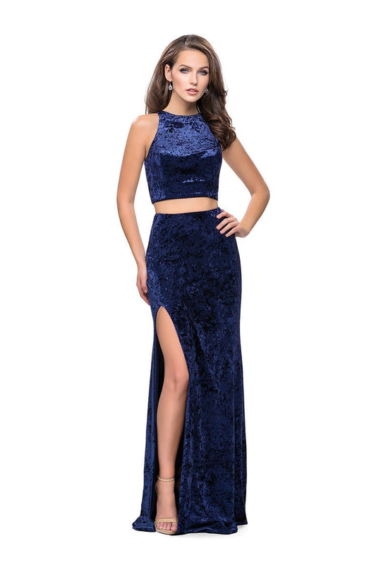 La Femme - 25431 Two Piece Halter Fitted Dress In Blue