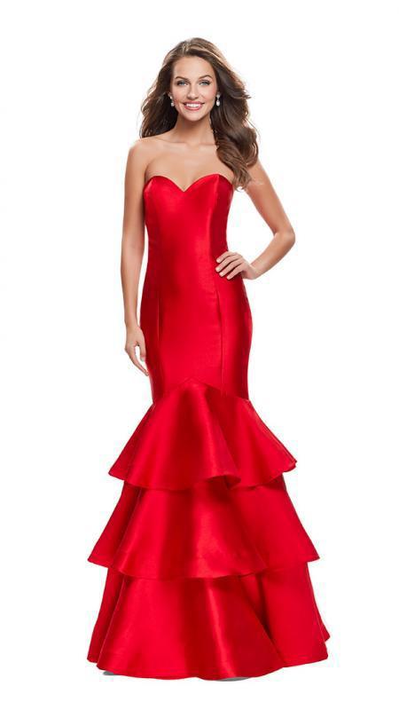 La Femme - 25432 Sweetheart Mikado Tiered Ruffle Mermaid Dress in Red