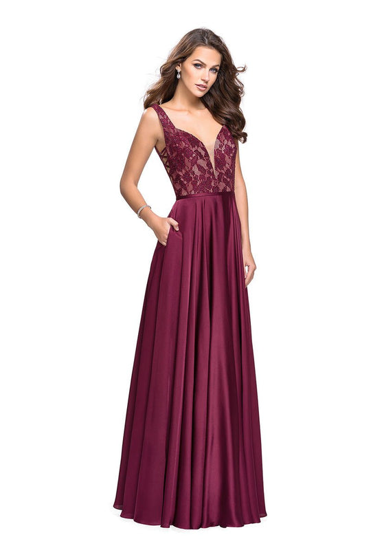 La Femme - 25436 Fitted Lace Sweetheart Evening Gown In Purple and Red
