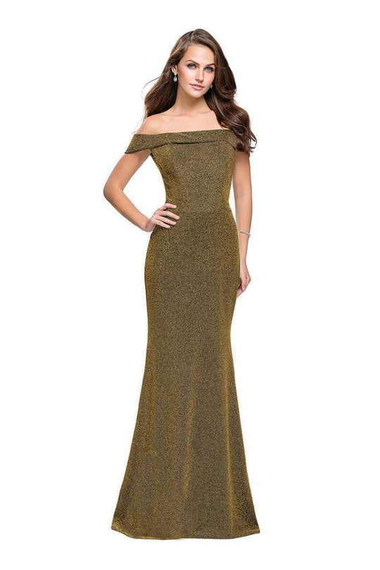 La Femme Off Shoulder Folded Sparkle Jersey Gown 25444 In Gold