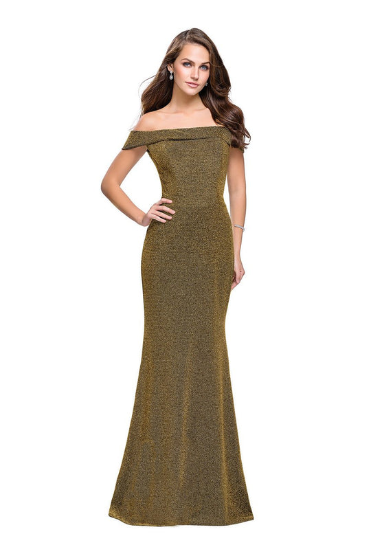 La Femme - 25444 Off Shoulder Folded Fitted Gown in Gold