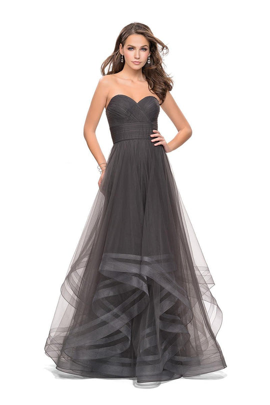 La Femme - 25446 Ruched Strapless Tulle Gown In Gray