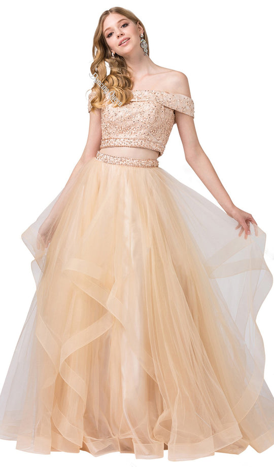 Dancing Queen - 2545 Embroidered Off Shoulder Two-Piece Gown In Neutral