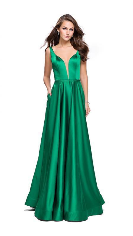 La Femme - 25455 Plunging Sweetheart Satin A-Line Gown in Green