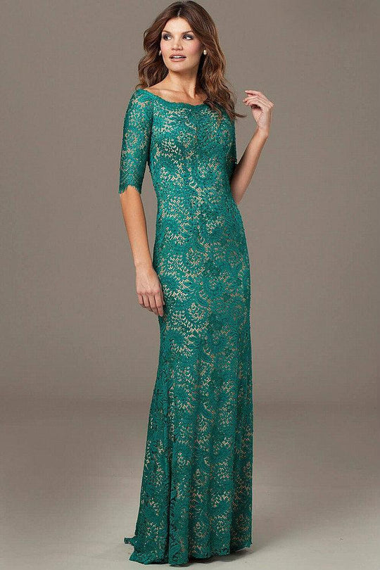 Jovani - Embellished Quarter Length Sleeve Bateau Neck Sheath Dress 25460 In Green