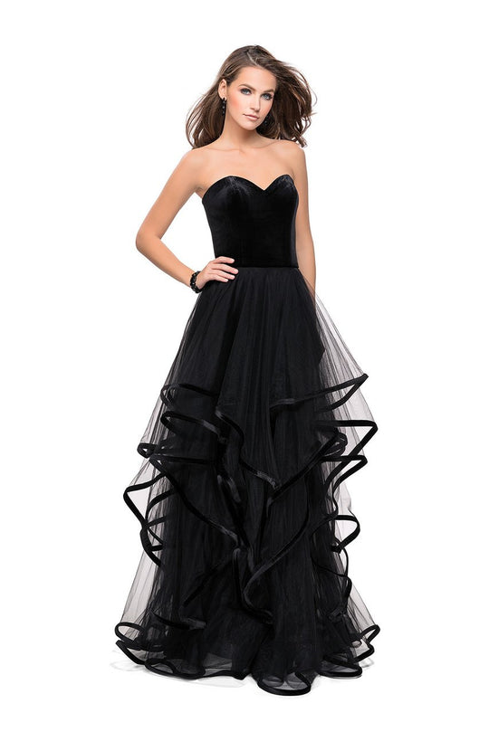 La Femme - 25461 Velvet Sweetheart Neck Tulle A-line Gown   In Black