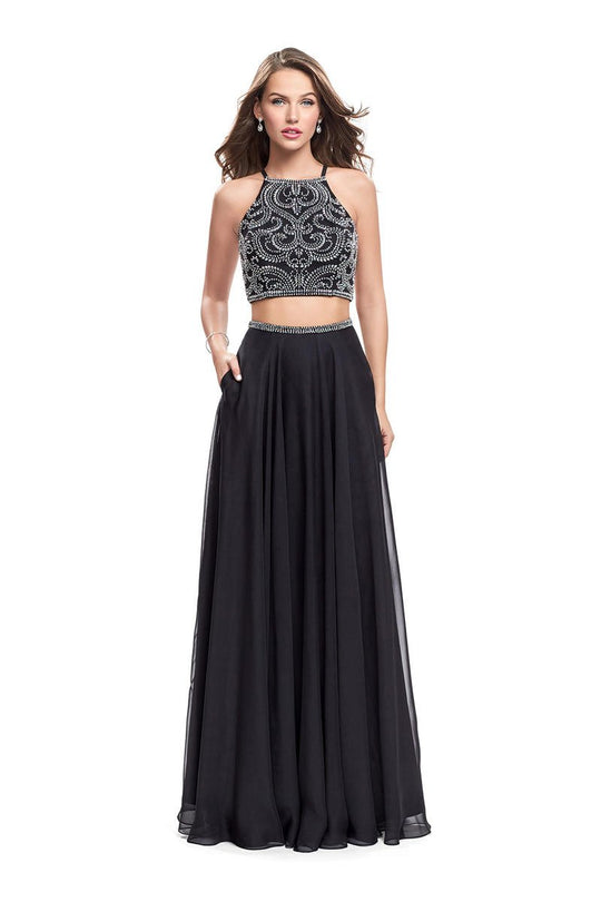 La Femme - 25469 Beaded Two Piece Halter Chiffon Dress In Black