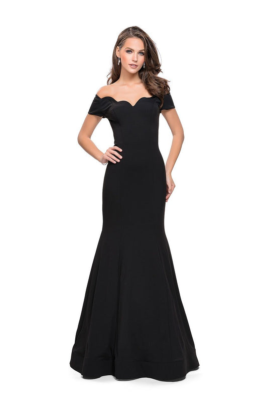 La Femme - 25476 Scalloped Off-Shoulder Jersey Trumpet Dress In Black