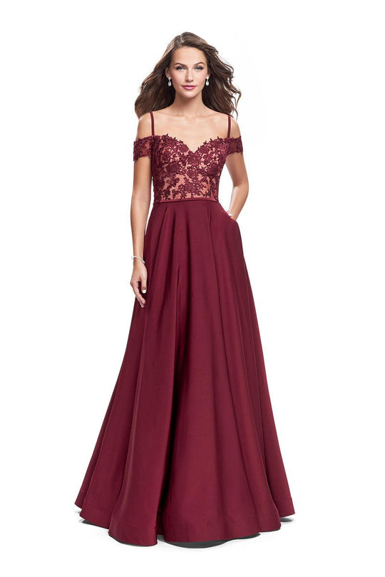 La Femme - 25479 Lace Off Shoulder Pleated Evening Dress In Red