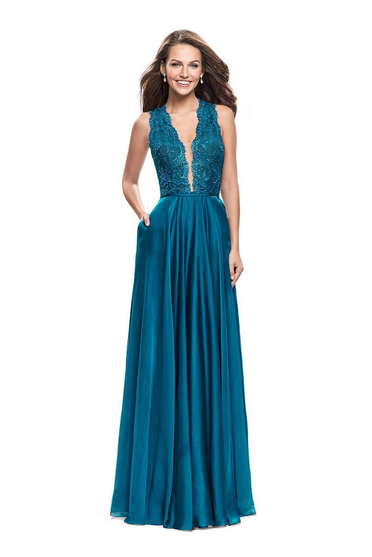 La Femme - 25487 Plunging Scalloped Lace Chiffon Dress in Green and Blue
