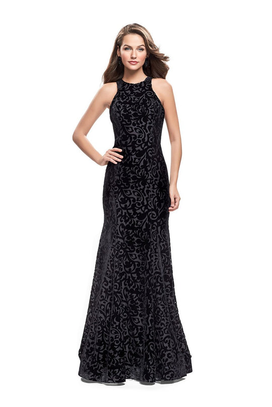La Femme - 25490 Jewel Neck Printed Velvet Sheath Gown In Black