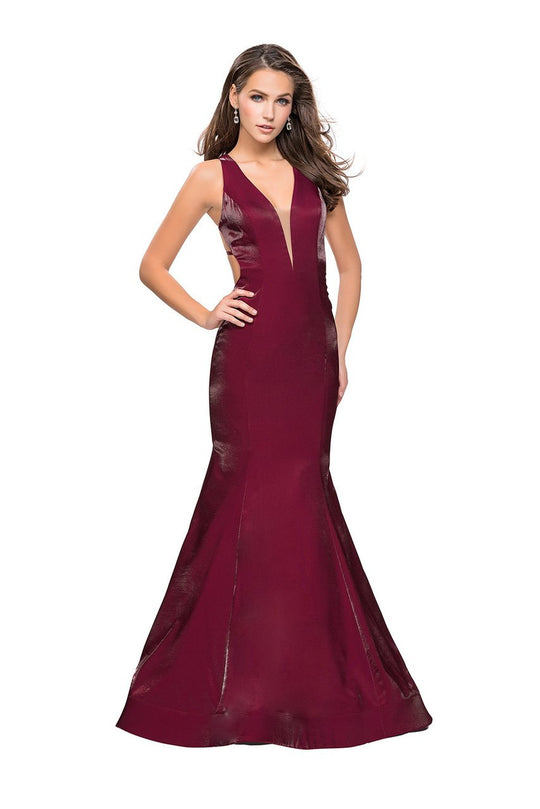 La Femme - 25494 Plunging V-neck Stretch Satin Trumpet Dress In Red