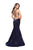 La Femme - 25494 Plunging V-neck Stretch Satin Trumpet Dress In Blue