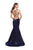 La Femme - 25494 Plunging V-neck Stretch Satin Trumpet Dress In Blue