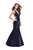 La Femme - 25494 Plunging V-neck Stretch Satin Trumpet Dress In Blue