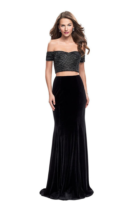 La Femme - 25496 Two Piece Off Shoulder Mermaid Gown In Black