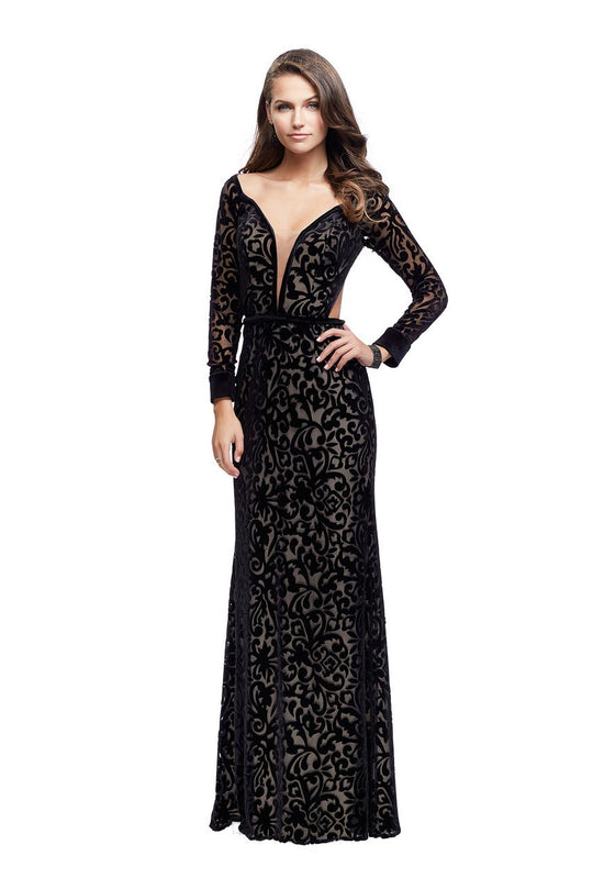 La Femme - 25497 Deep V-neck Velvet Sheath Gown In Black