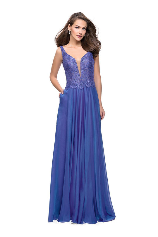 La Femme - 25513 Beaded Lace Plunging Chiffon Dress in Blue and Purple