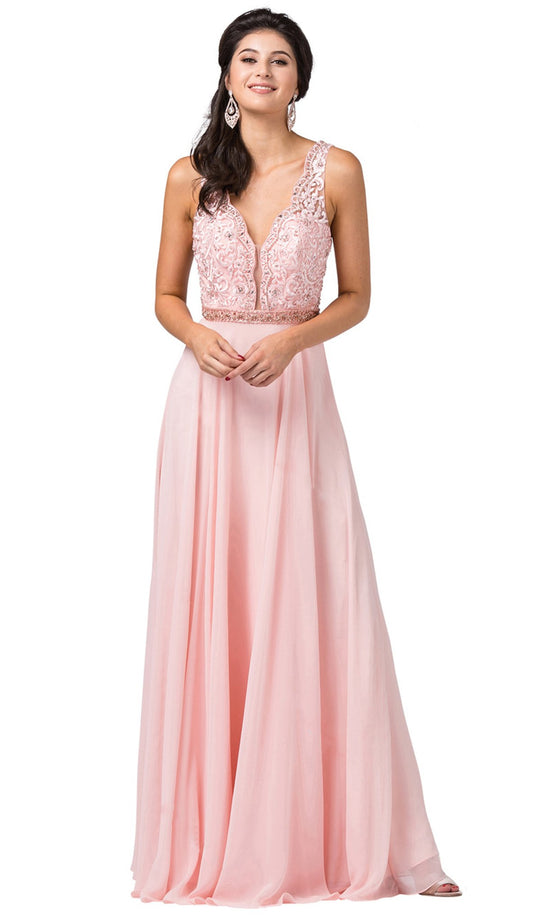 Dancing Queen - 2552 Scallop-Trimmed Plunging V-Neck A-Line Gown In Pink