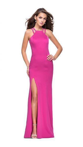 La Femme - Sleeveless High Halter Satin Sheath Gown 25540 In Pink