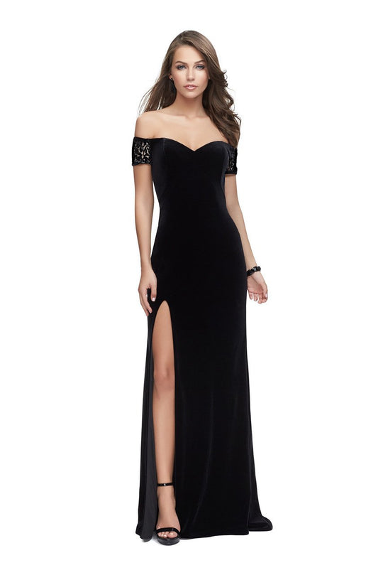 La Femme - 25554 Off-Shoulder Velvet Gown with Side Slit In Black