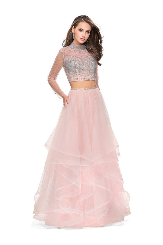 La Femme - 25555 Two Piece Bedazzled Ruffled Tulle Dress In Pink