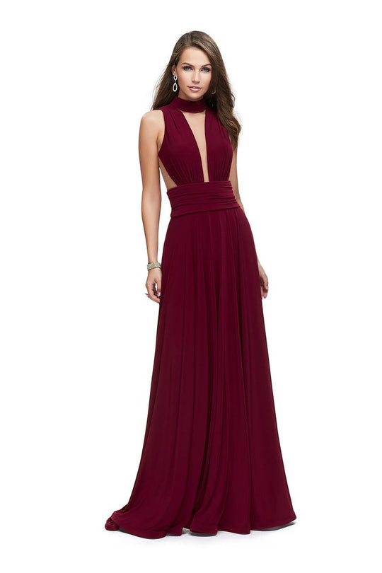 La Femme - 25568 Ruched High Neck Open Back Dress In Red