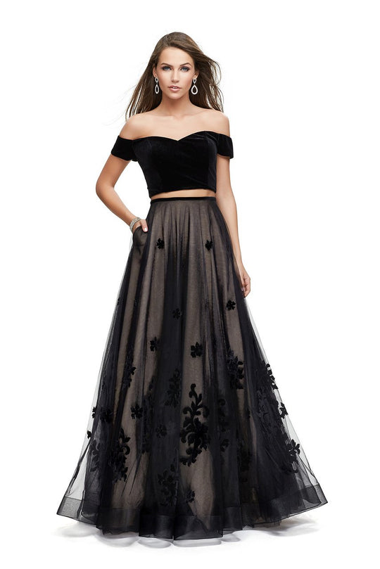 La Femme - 25574 Off-Shoulder Two-Piece Tulle A-line Gown In Black