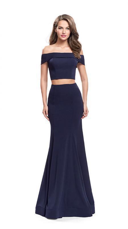 La Femme Two-Piece Fold-Over Off Shoulder Jersey Gown 25578 In Blue