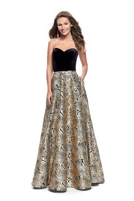 La Femme - 25581 Velvet Sweetheart Neck Floral A-line Gown In Black and Gold