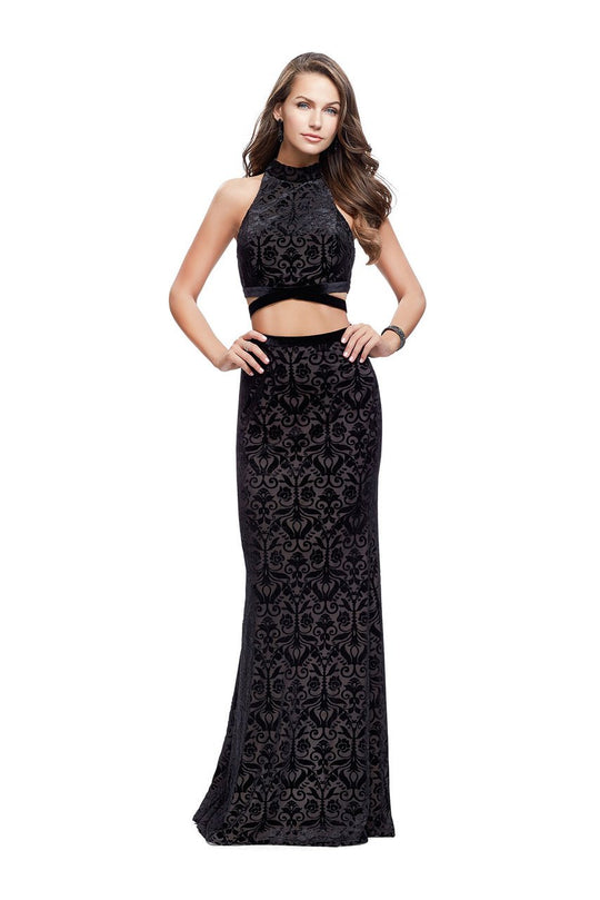 La Femme - 25589 High Neck Two-Piece Velvet Sheath Gown In Black