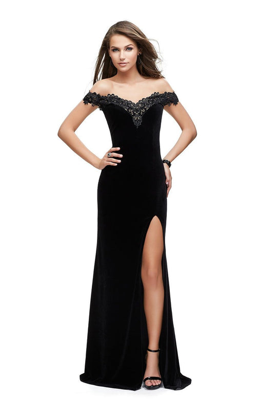 La Femme - 25591 Lace Embellished Off-Shoulder Velvet Sheath Dress In Black