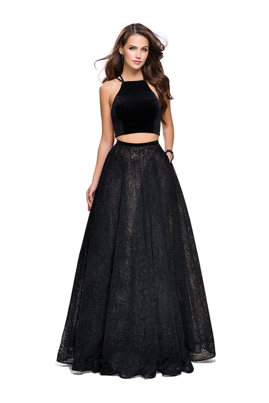 La Femme - 25592 Velvet Halter Strappy Two Piece Ballgown In Black