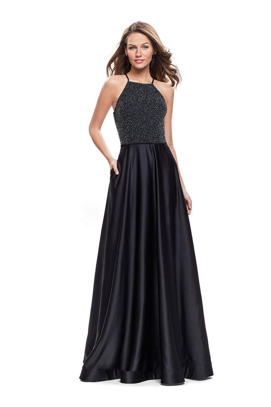 La Femme - 25601 Beaded Halter Back Cutout Dress In Black