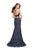 La Femme - 25602 Strappy Two Piece Halter Leather and Denim Gown In Blue and Multi-Color