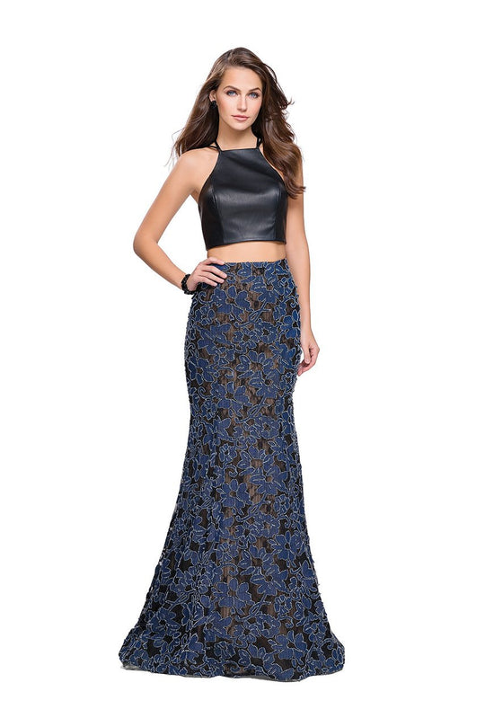 La Femme - 25602 Strappy Two Piece Halter Leather and Denim Gown In Blue and Multi-Color