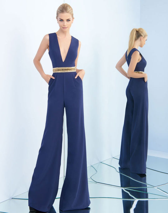Ieena Duggal  - 25606I Plunging Beaded Belt Jumpsuit In Blue
