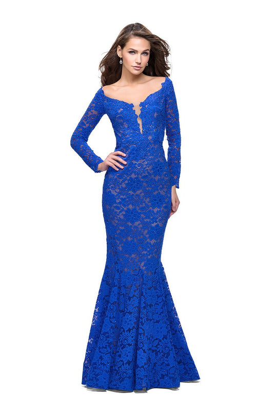 La Femme - 25607 Beaded Long Sleeve Lace Mermaid Dress in Blue