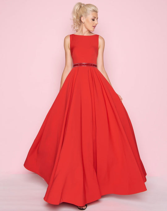 Mac Duggal - 25608L Sleeveless Bateau Crepe A-Line Gown In Red