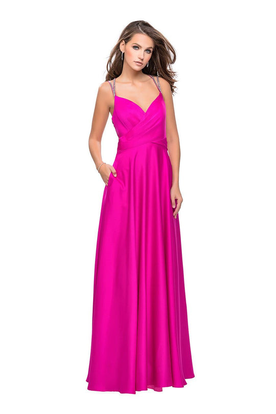 La Femme - 25611 Beaded V-neck Satin A-line Dress In Pink