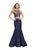 La Femme - 25614 Two Piece Floral Applique and Denim Evening Gown In Blue