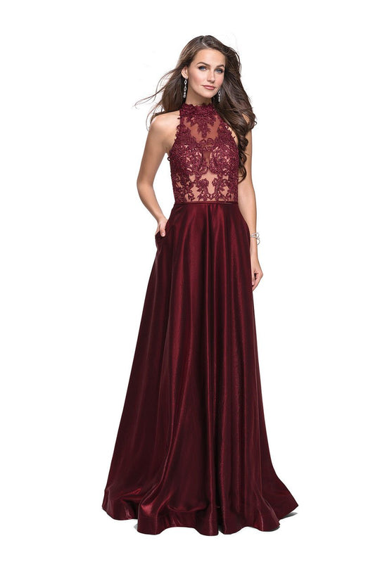 La Femme - 25617 Metallic Beaded High Neck A-line Dress In Red