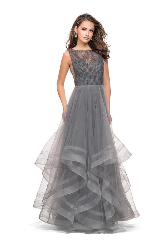 La Femme - 25620 Beaded Illusion Tulle Evening Gown In Gray